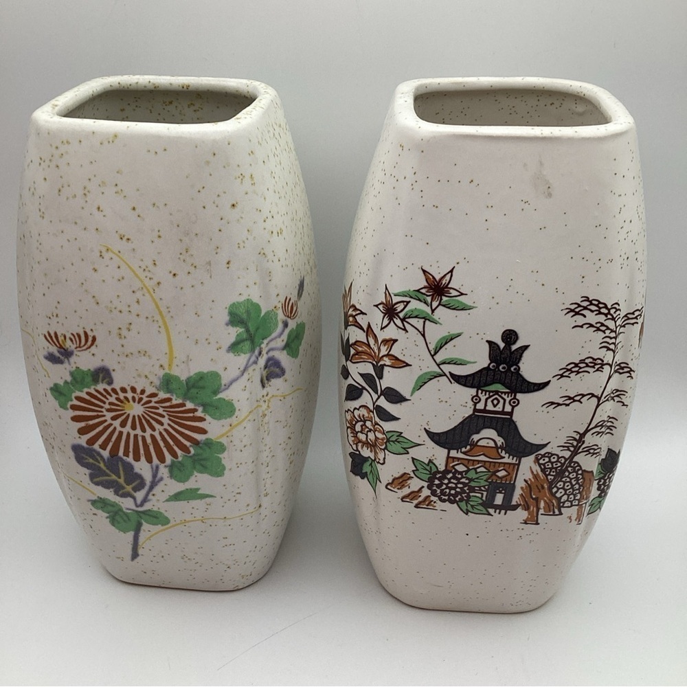 2 X Vintage Japanese Square Vase Flower And House Scene Tree 6 Inches Tall